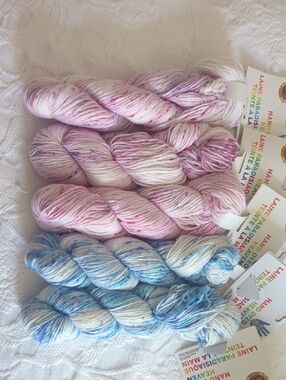 LION BRAND Hand Dyed Pink & Blue Speckled Yarn 5 Skeins - Soft Cotton Blend